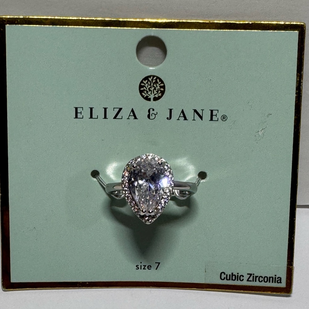 Eliza & Jane Silver Tone Pear Shape Cubic Zirconia Halo Design Ring Size 7 New